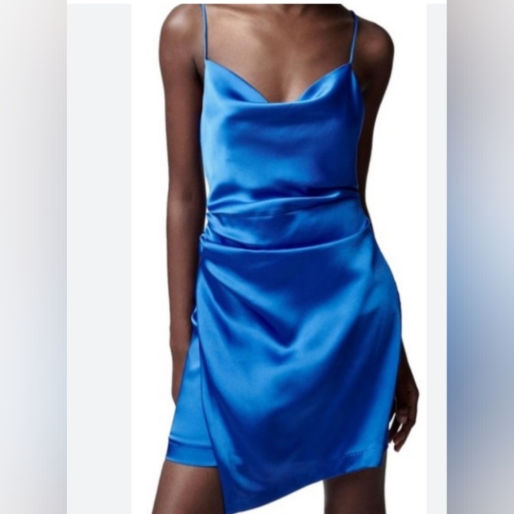 ZARA Royal Blue Satin Draped Ruched Cocktail Dress | XS